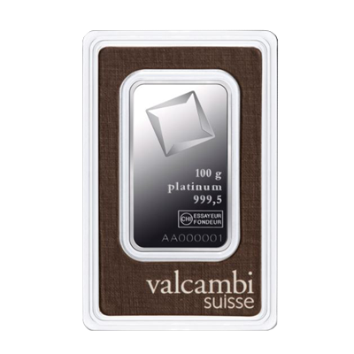 A picture of a 100 gram Valcambi Suisse Platinum Bar